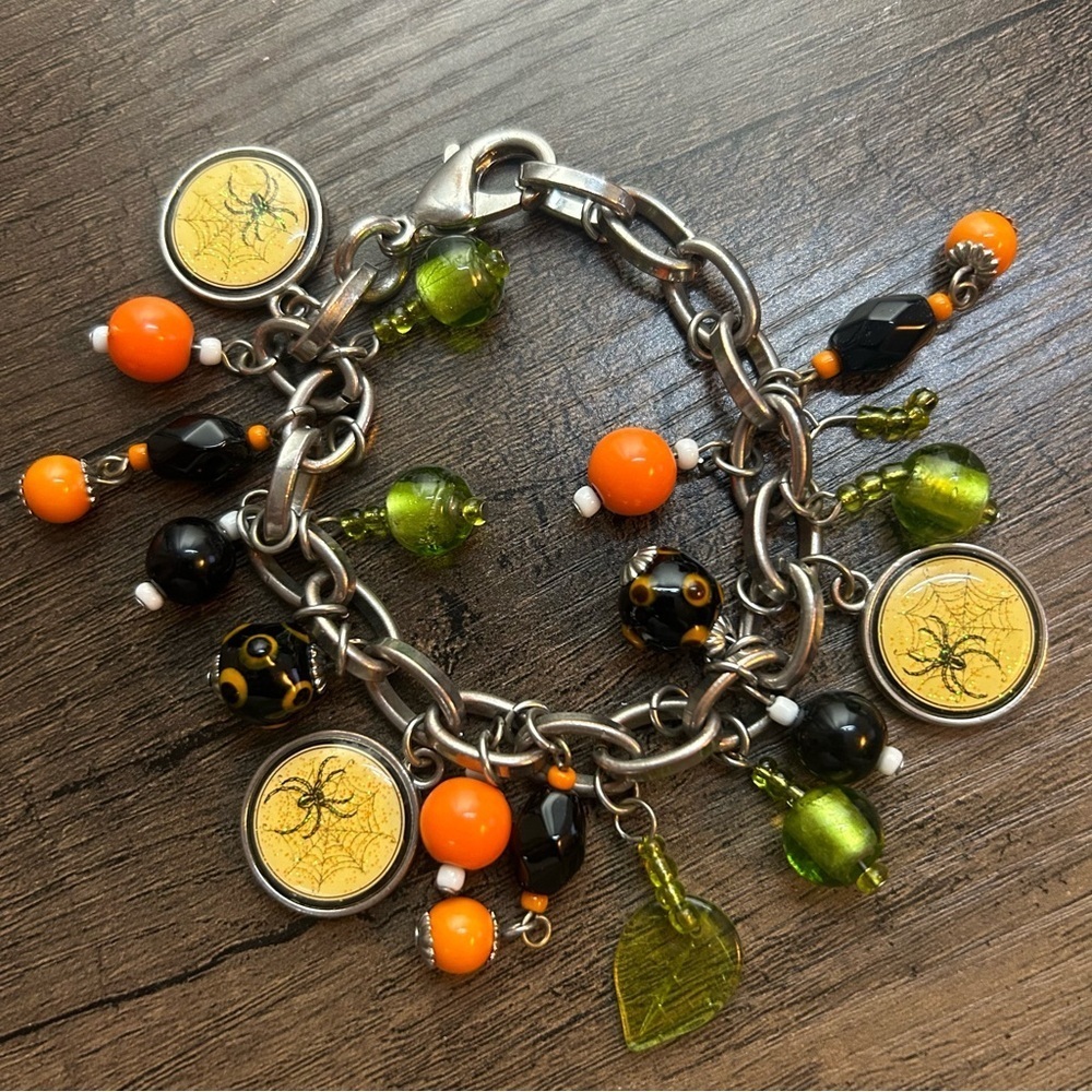 Halloween Charm Bracelet Black Orange Green and Spiders